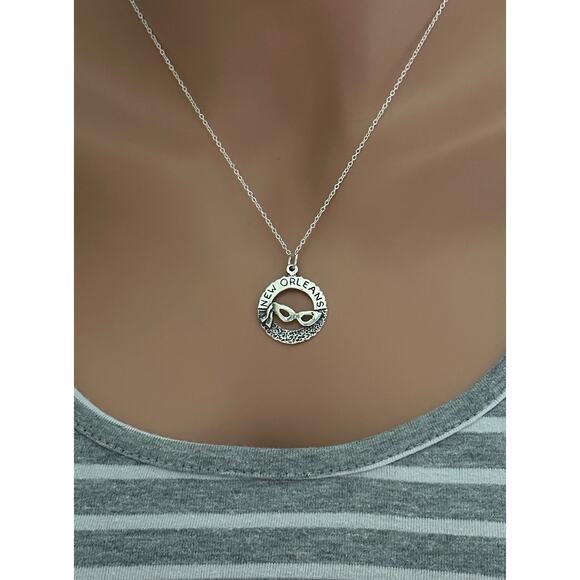 Sterling Silver New Orleans with Mardi Gras Mask Charm Necklace - Picture 3 of 5